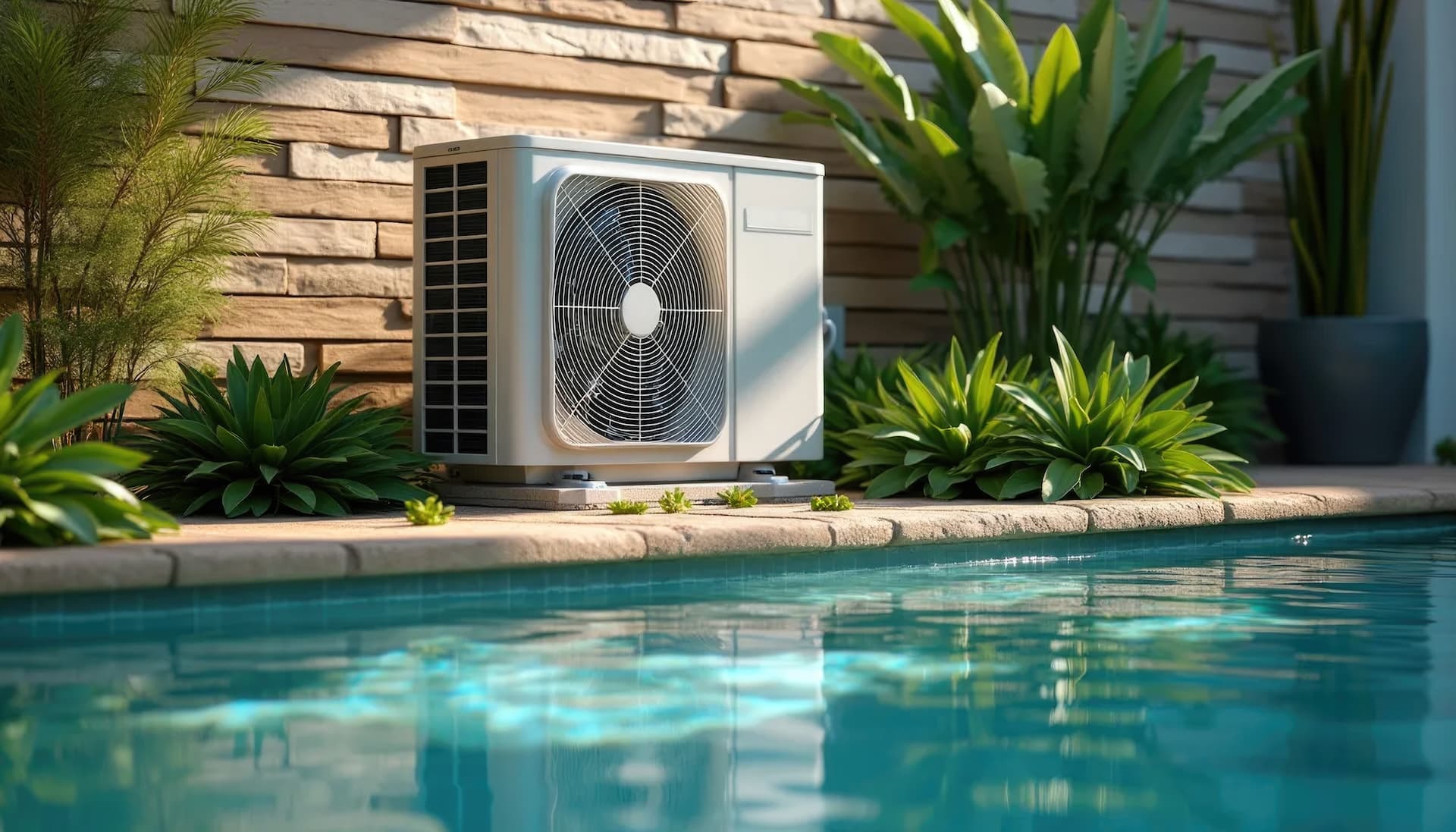 Pompe à chaleur installée au bord d'une piscine, dans un jardin provençal